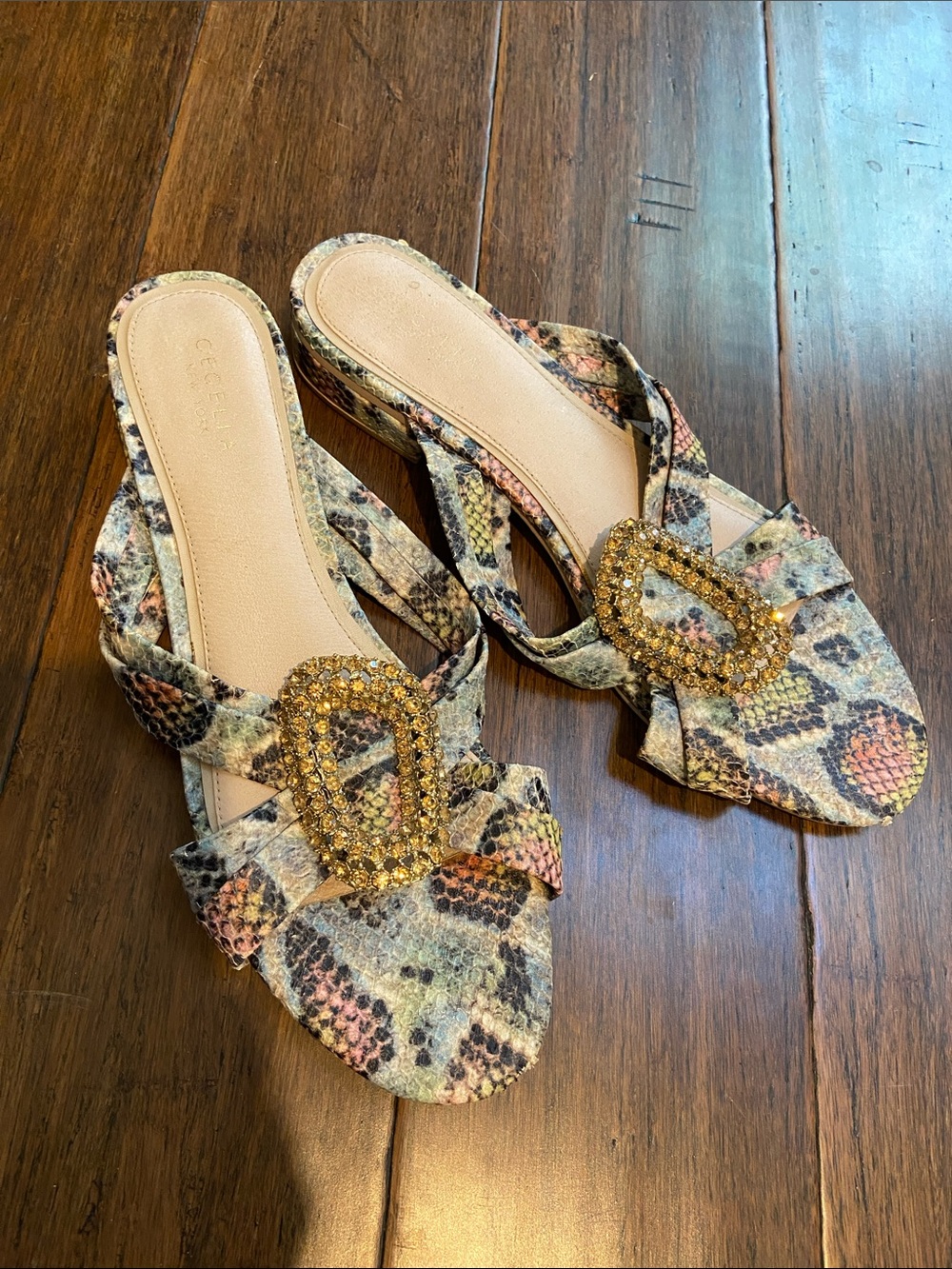 CECILIA NEW YORK Multicolor Snakeskin Slip-On Mules with Gold Crystal Buckle
